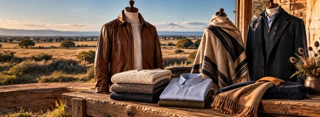 Argentine apparel collection featuring leather jackets, knitwear, ponchos, shirts and premium outerwear.