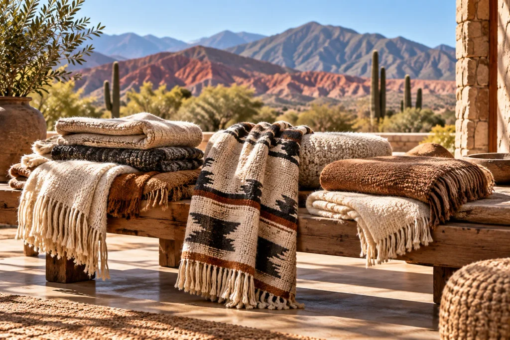 Argentine wool throws and blankets woven in natural tones and traditional regional patterns.