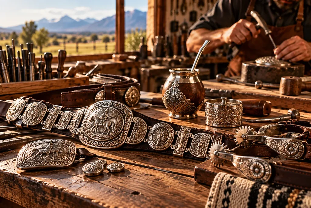 Argentine silverwork featuring handcrafted rastras, mate and equestrian pieces in a traditional silversmith workshop