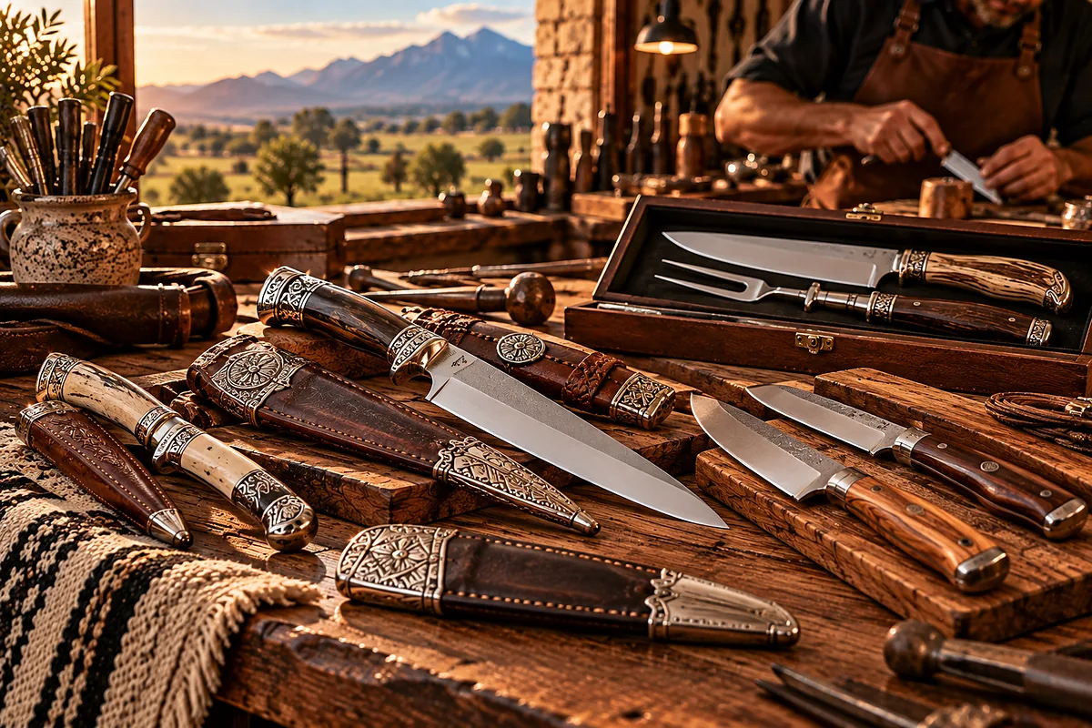 Argentine handcrafted knives and cutlery with leather sheaths, wood handles and engraved metal details
