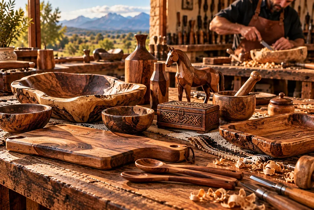 Argentine handcrafted woodcraft featuring carved bowls, trays, decorative objects and artisan pieces made from natural wood