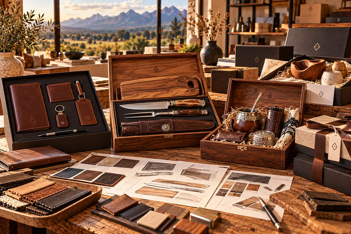 Premium Argentine corporate gifts featuring leather goods, handcrafted knives, mate accessories and custom gift boxes