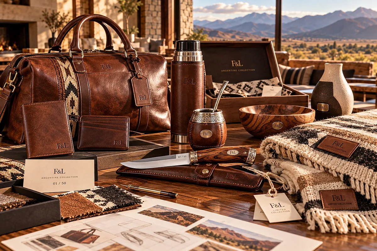 Custom limited Argentine artisan collection featuring personalized leather goods, mate accessories, textiles, woodcraft and handcrafted knife