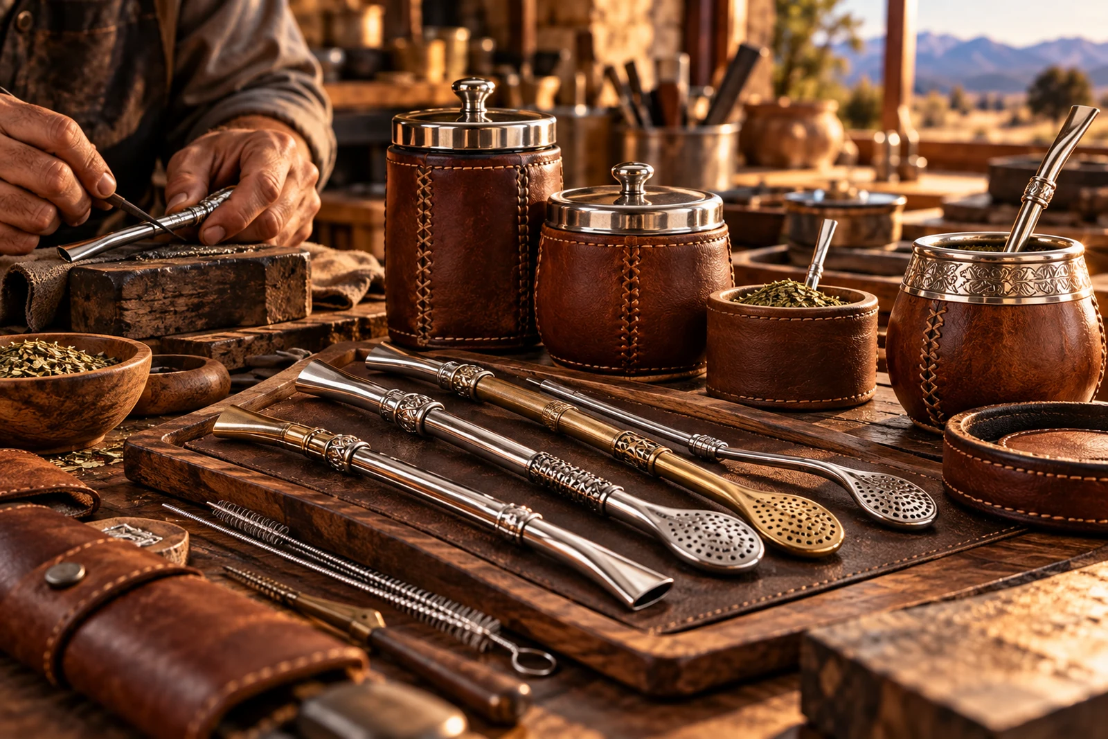 Argentine bombillas and mate accessories featuring handcrafted metalwork and traditional detailing.