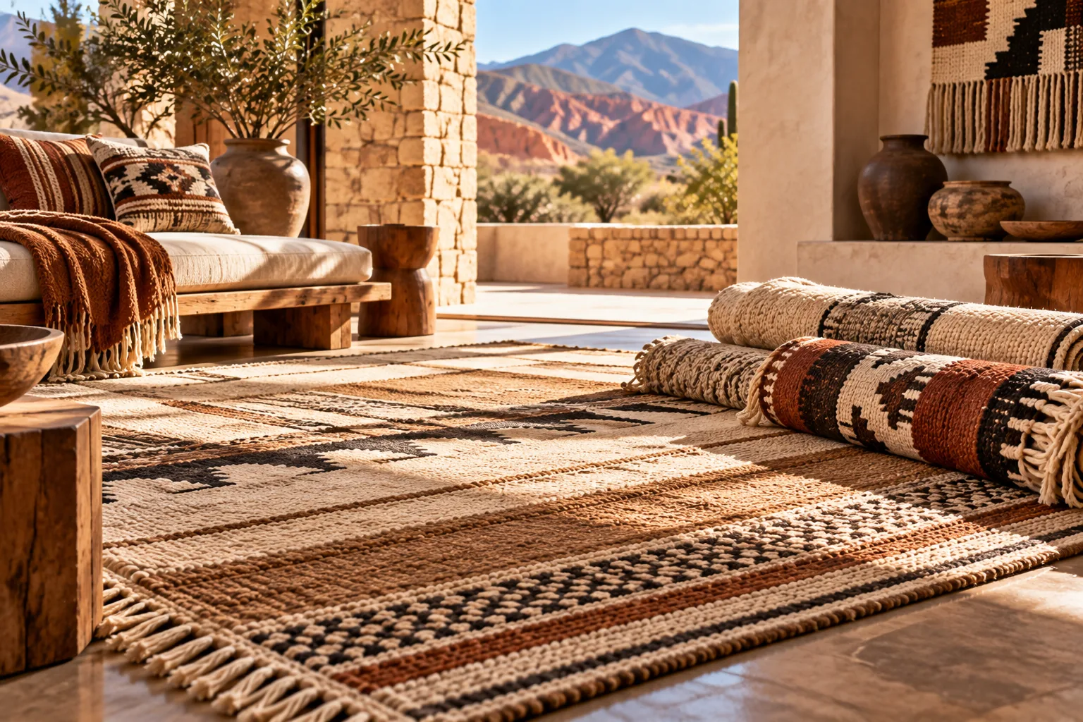 Argentine handwoven rugs featuring traditional geometric patterns and natural fibers.
