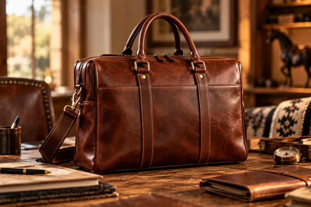 Argentine leather briefcase handcrafted from premium brown leather for business and travel