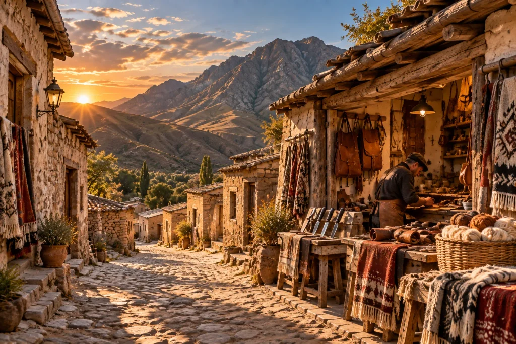 Artisan workshop in a remote Argentine mountain village, featuring leather goods, textiles and traditional craftsmanship