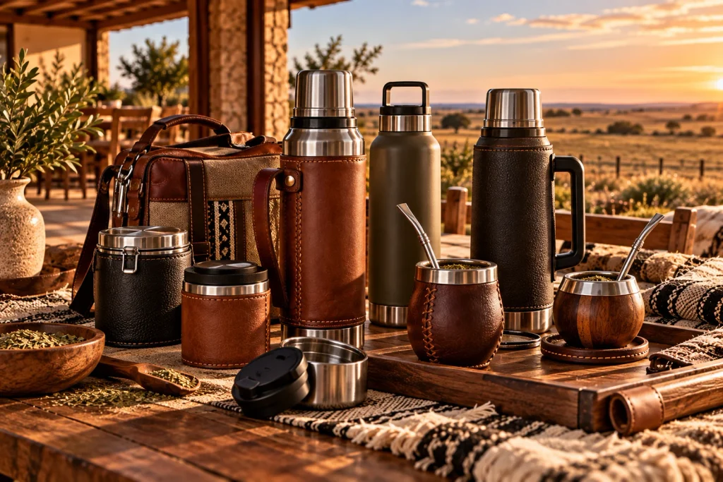 Argentine mate thermos flasks and drinkware with leather finishes for traditional mate service.