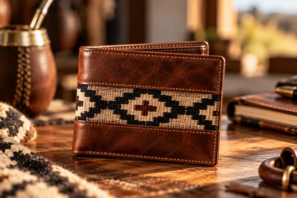 Argentine leather wallet featuring a traditional Guarda Pampa woven pattern