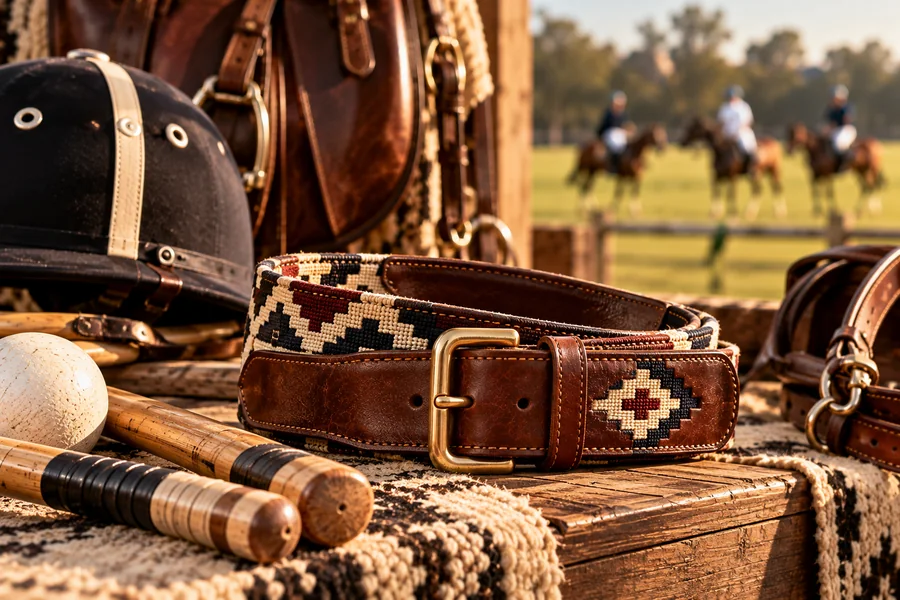 Argentine polo belt combining premium leather with a traditional woven Pampa pattern.
