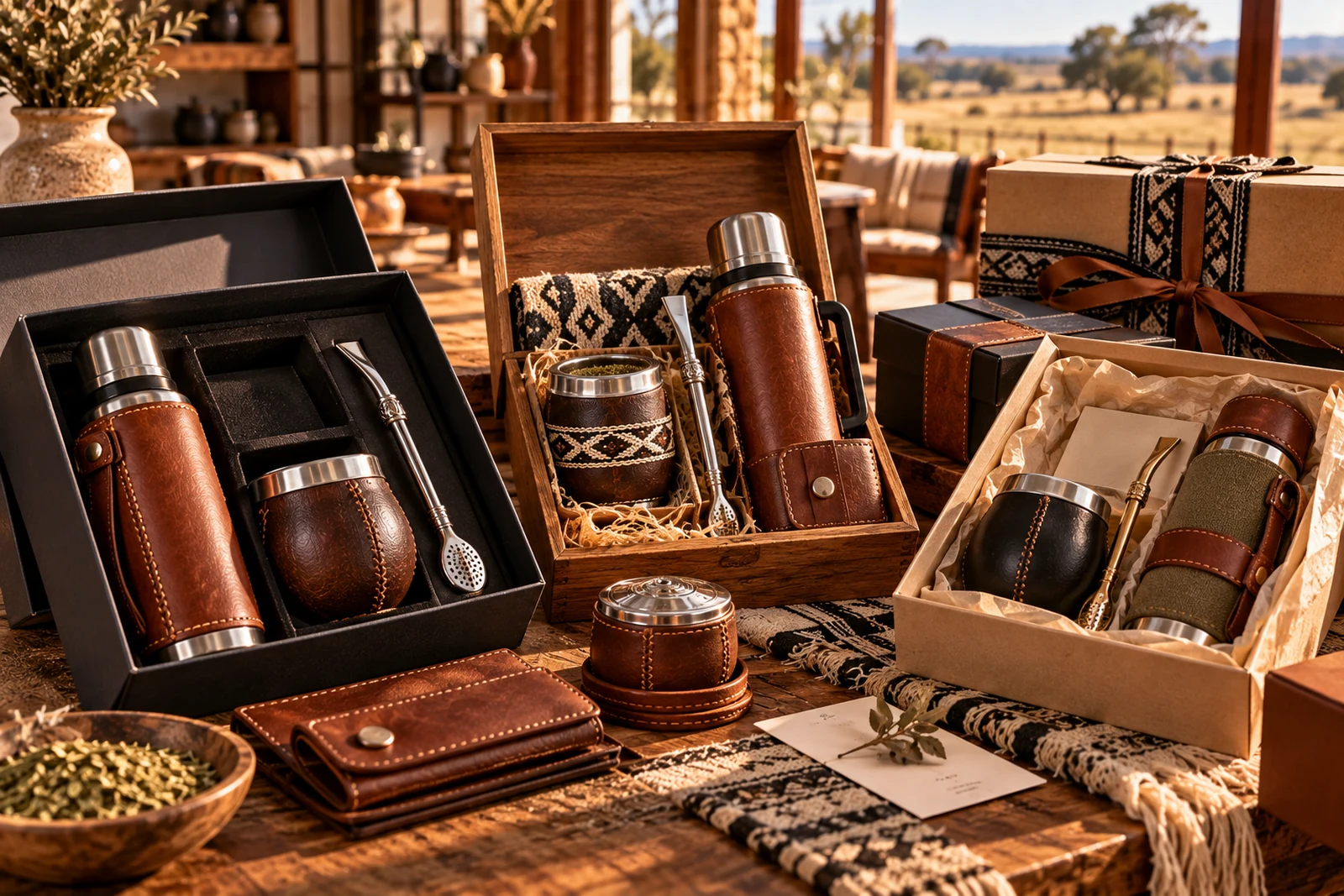 Premium Argentine mate gift sets with mate, bombilla, thermos flask and handcrafted presentation boxes.