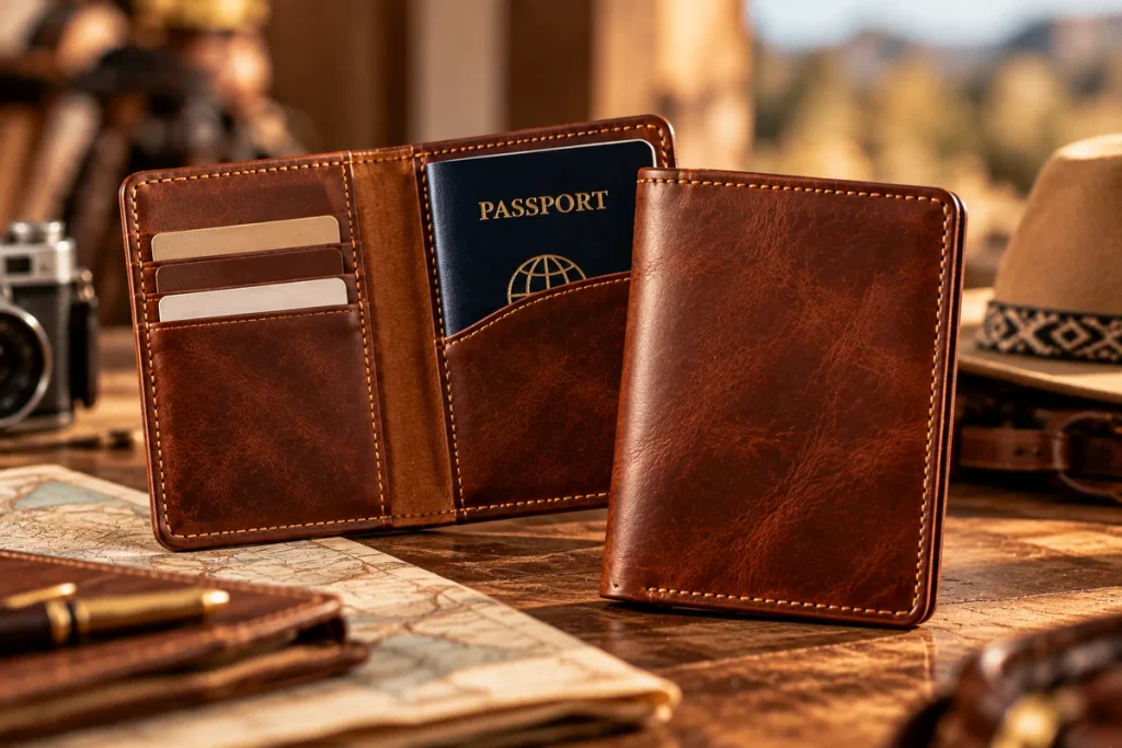Argentine leather passport holder and travel wallet handcrafted in premium brown leather