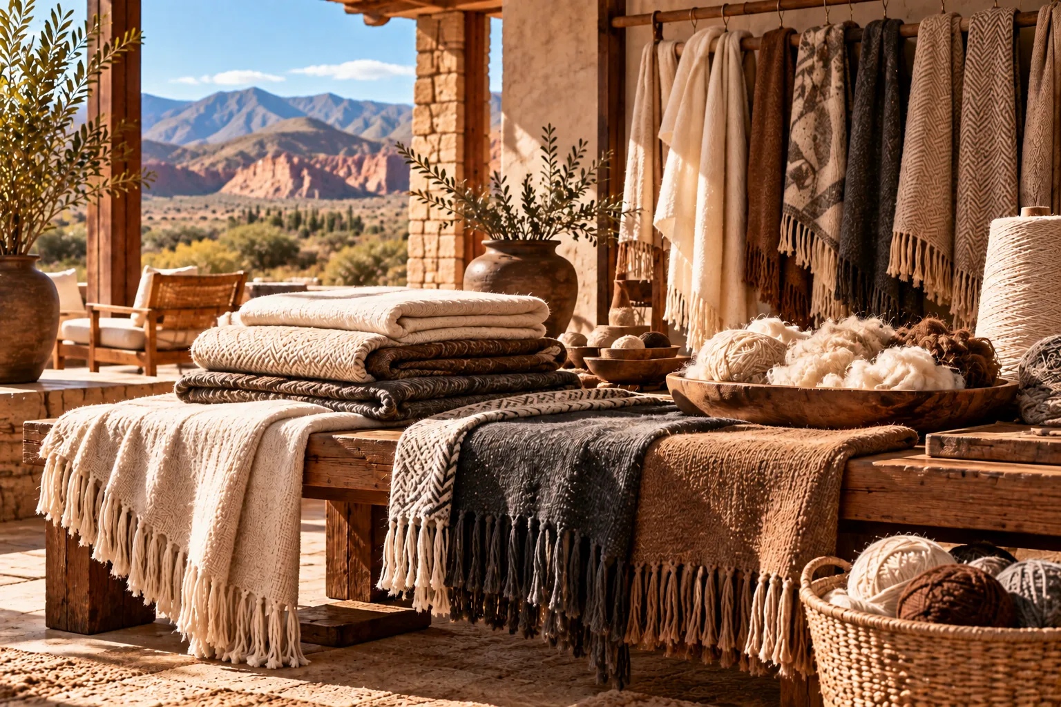 Argentine textiles crafted from llama wool and other natural fibers in warm neutral tones.