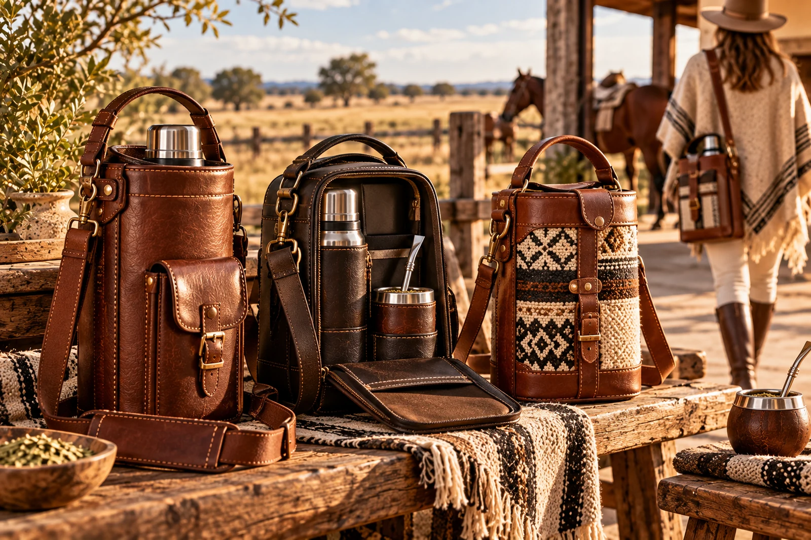 Argentine leather materas and mate carriers designed to carry mate, thermos flask and accessories.