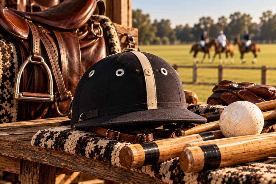 Polo helmet displayed with Argentine equestrian leather goods and polo equipment.