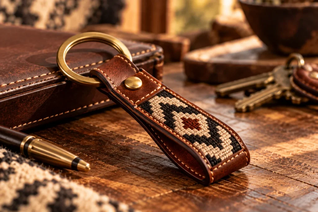 Argentine leather keyring featuring a traditional Guarda Pampa textile pattern