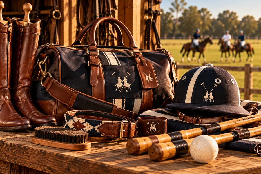 Custom polo team gear featuring personalized leather bags, helmets and equestrian accessories.